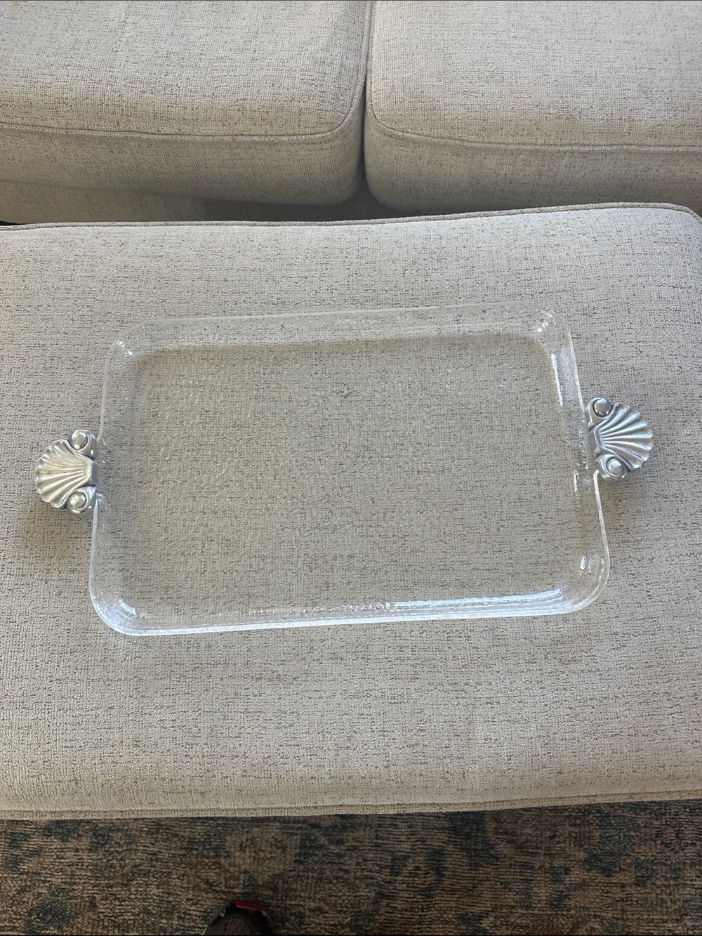 Vintage Mid-Century Lucite Acrylic Serving Tray with Shell Shaped Metal Handles